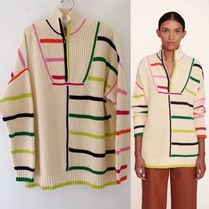 Staud Hampton Striped Chunky Oversized Zip Sweater Sz S